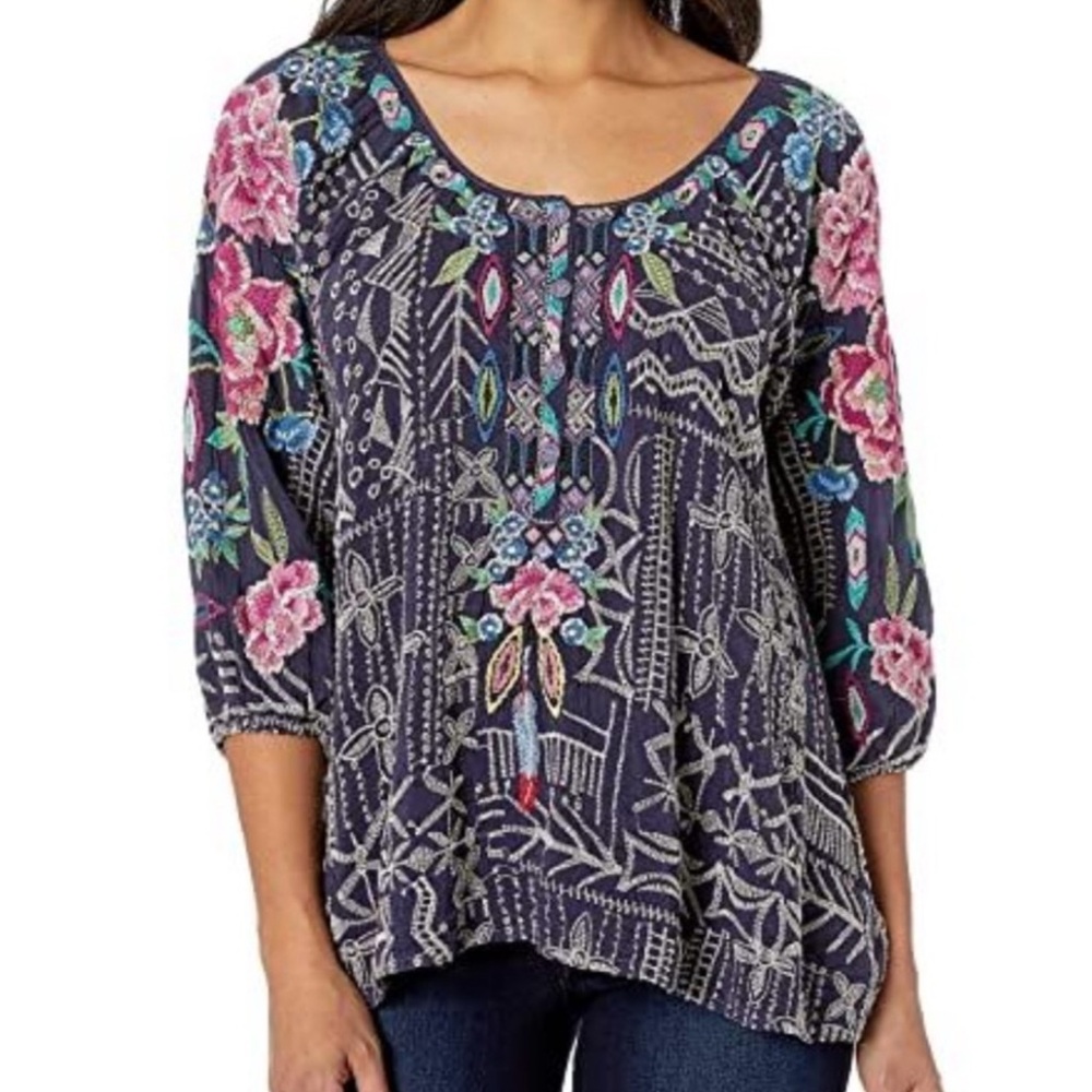 Johnny Was Multicolored Graphic 3/4 Sleeve Blouse
